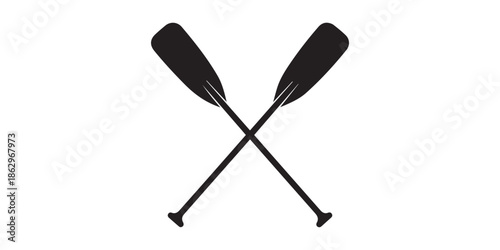 Two crossed oars vector icon. Two black Kayak or canoe paddle silhouette. Rowing paddles sign. Plastic oars. Water sport. River rafting. Symbol isolated on white background.