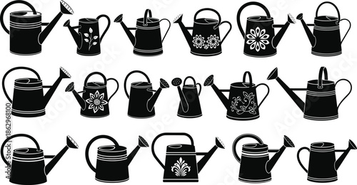 watering, can, silhouette, garden, tool, black, floral, leaf, spout, handle, design, shape, decorative, plain, metal, plastic, vintage, modern, container, irrigation