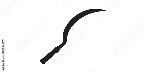 Download high resolution vector graphic of black silhouette sickle tool for harvesting crops and grass,Sickle tool silhouette icon vector. Traditional farming hand tool design for harvest, agriculture