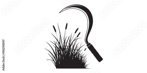 Download high resolution vector graphic of black silhouette sickle tool for harvesting crops and grass,Sickle tool silhouette icon vector. Traditional farming hand tool design for harvest, agriculture