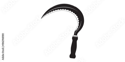 Download high resolution vector graphic of black silhouette sickle tool for harvesting crops and grass,Sickle tool silhouette icon vector. Traditional farming hand tool design for harvest, agriculture