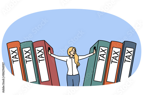 Woman accountant pushes giant tax folders, performing financial audit to complete tax return. Businesswoman rejoices after learning about federal benefits for small business development