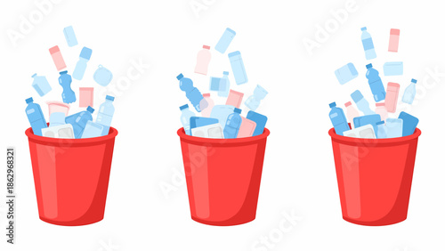 Three red recycling bins overflowing with various plastic bottles and containers, illustrating waste and environmental concerns.