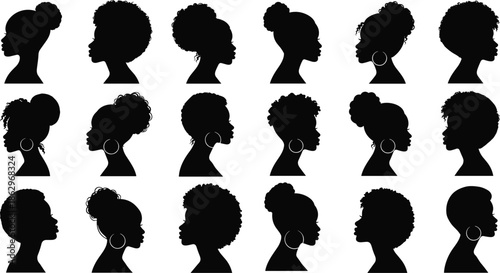 woman, women, female, silhouette, profile, afro, hair, hairstyle, portrait, face, beauty, natural, black, outline, vector, illustration, collection, diversity, culture, identity