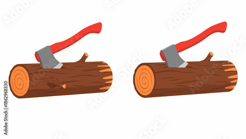Two identical illustrations of a red-handled axe embedded in a brown wooden log, ready for chopping firewood.