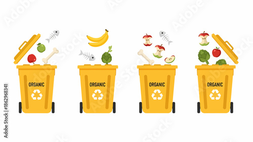 Organic waste disposal in yellow recycling bins with various food scraps and fruit peels