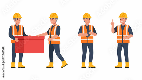 Four cartoon construction workers in various poses, wearing safety gear.