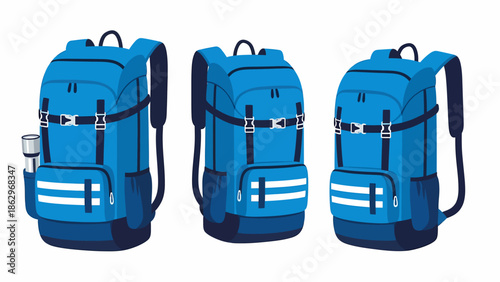 Three blue hiking backpacks with multiple compartments and straps, suitable for travel or outdoor adventures, displayed from different angles.