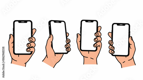 Four hands holding modern smartphones with blank white screens, illustrating different grip styles and orientations for mobile device usage.