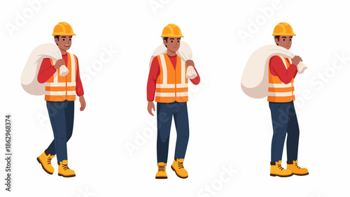 Three illustrations of a Black construction worker in a hard hat and safety vest carrying a large sack over his shoulder.