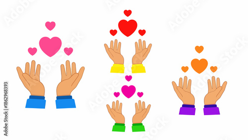Hands reaching up with colorful hearts floating above, symbolizing love, care, and generosity in various forms.