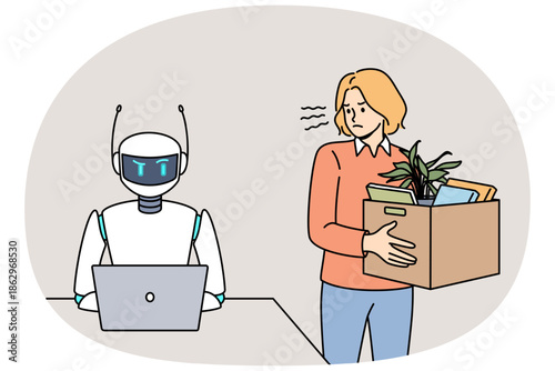 Woman fired due to robotization of business processes stands with dismissal box near robot with laptop. Fired girl is angry at artificial intelligence and robotization tech that replace living people