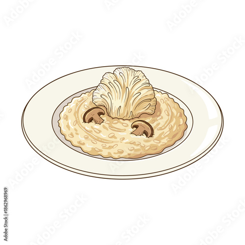 Hand-Drawn Creamy Mushroom Risotto Dish Garnished with Large Wild Mushroom
