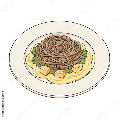 Isolated hand-drawn noodle dish on a plate with creamy sauce and tofu cubes.