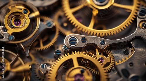 Intricate gear pattern reveals repeating texture, golden teeth and jewel centers on layered plates, shallow depth of field and tactile metallic sheen, technical abstract microphotography clarity