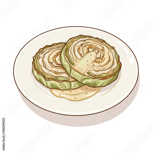 Roasted Cabbage Steaks with Creamy Sauce Served on a White Plate Vector
