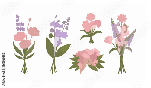 Garden and wild flower bouquet set flat vector illustration on white background