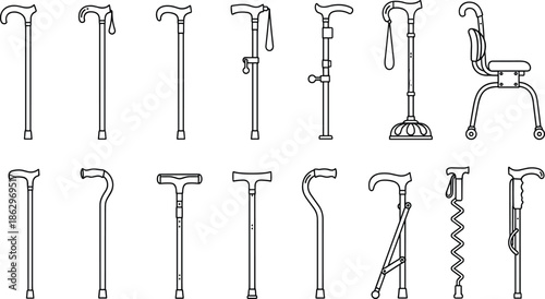 cane, walkingstick, crutch, walker, mobility, support, assistive, medical, healthcare, orthopedic, elderly, disability, rehabilitation, aid, stick, handle, adjustable, silhouette, vector, illustration