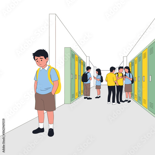 Boy looking sad while standing alone in school hallway with lockers  