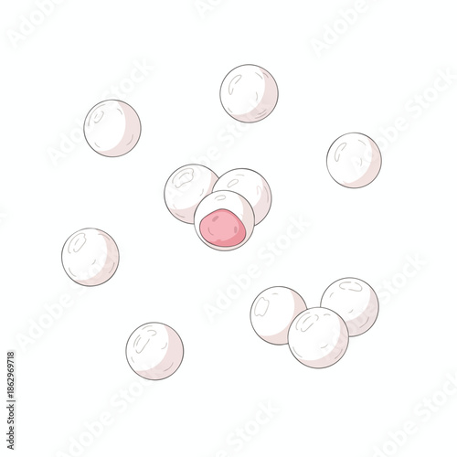 Cartoon of mochi dessert, pink filling revealed, isolated on white