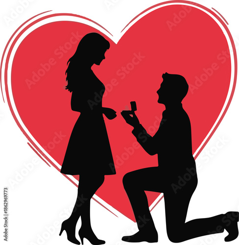 Man Kneeling and Proposing to Woman with Pink Rose, Romantic Silhouette Vector Illustration