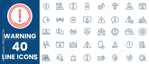 Warning line icon set. Contains icons related to alert, caution, danger, error, notification, and safety. Linear icon collection. Editable stroke vector illustration.