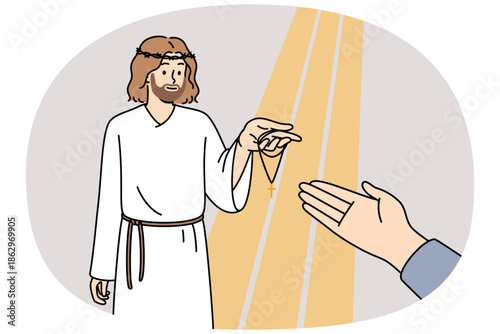 Jesus holds out cross to believer to protect from misfortune and help not to commit sins. Hand of christian reaches out to jesus with crown of thorns on head during second coming from prophecies