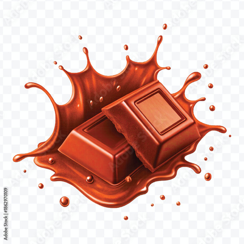 realistic 3d  dark chocolate bar with chocolate cream splash in different  style isolated on transparent background	
