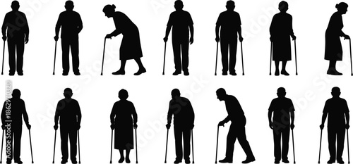 elderly, seniors, senior, people, aging, old, man, woman, walking, cane, mobility, healthcare, support, assistance, silhouette, human, posture, icon, vector, collection