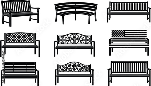 bench, benches, park, garden, outdoor, furniture, seating, seat, wood, metal, classic, vintage, decorative, public, street, silhouette, icon, vector, illustration, collection