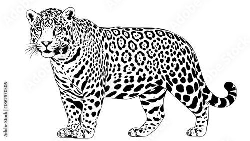 Vector illustration of a jaguar (onça-pintada), realistic wildlife style, detailed fur and spots, standing pose, Amazon rainforest concept, clean background, high quality vector