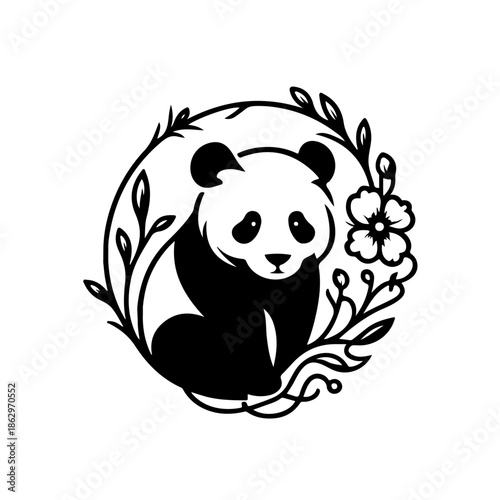 panda with flower botanical line art, Panda in the Wildflowers, The Dreaming Panda, Botanical Panda Emblem