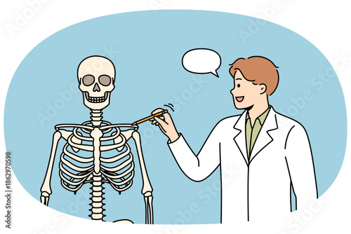 Man teacher at medical college, talks about structure of human skeleton, and teaches future doctors to treat people. Guy student at medical university, taking anatomy exam to gain access to patients.