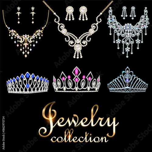 Illustration of a collection of jewelry necklaces, earrings and tiaras with precious stones