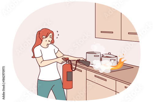 Woman puts out fire in kitchen with fire extinguisher, and panics for fear of combustion spreading. Flame engulfed cooker with pots due to violation safety regulations or careless handling of matches