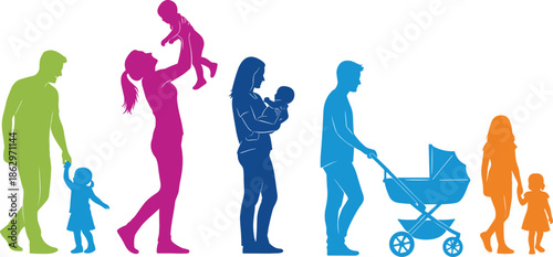 Colorful family silhouettes showing parenthood stages with parents and children isolated on white background life cycle concept
