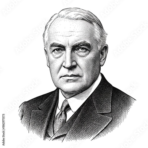 Black and white vintage engraving, close-up headshot portrait of Warren Gamaliel Harding, the famous historical 29th American US president of the United States, white background, greyscale