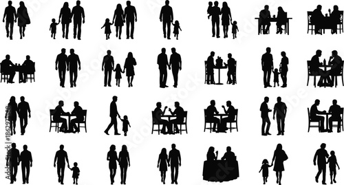 Family and people silhouettes showing couples, parents, and children walking, dining, and interacting together in everyday lifestyle scenes