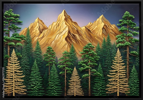 Majestic golden peaks rise above a dense, stylized evergreen forest under a twilight sky