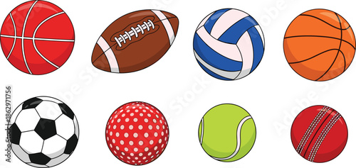 sports, balls, basketball, football, soccer, volleyball, tennis, cricket, rugby, equipment, game, play, fitness, recreation, colorful, icon, vector, illustration, isolated, collection