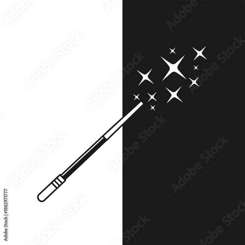 A simple black and white illustration of a magic wand with sparkling stars emanating from its tip, set against a split background of white and black.