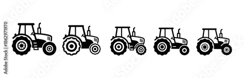 Five tractors in a row, varying in size, depicted as black and white icons.