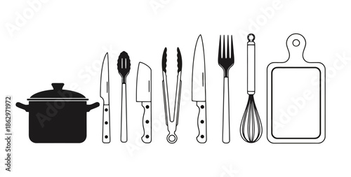 A collection of black and white line art illustrations of various kitchen utensils and cookware, including a pot, knives, tongs, a whisk, and a cutting board.