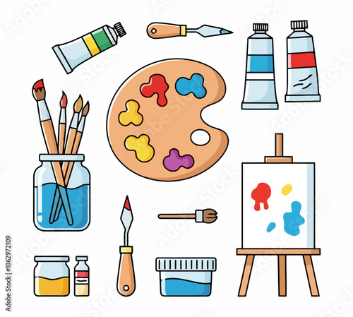 Illustration of art supplies including paint tubes, brushes, palette, and canvas.