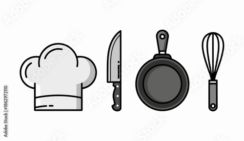 A collection of essential kitchen tools including a chef's hat, knife, frying pan, and whisk.