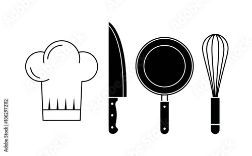 A simple black and white illustration of essential kitchen tools including a chef's hat, knife, frying pan, and whisk.