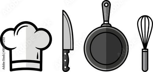 A collection of kitchen utensils including a chef's hat, a knife, a frying pan, and a whisk.