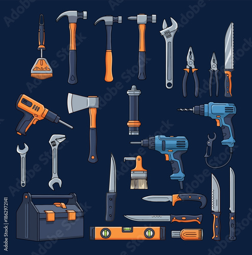 A comprehensive collection of various hand and power tools, including hammers, wrenches, pliers, saws, drills, and a toolbox, arranged against a dark blue background.