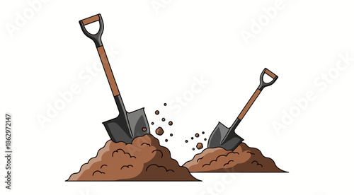 Two shovels are digging into two piles of dirt, creating a construction scene.