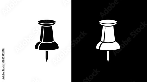 A black and white illustration of a thumbtack on a split background.